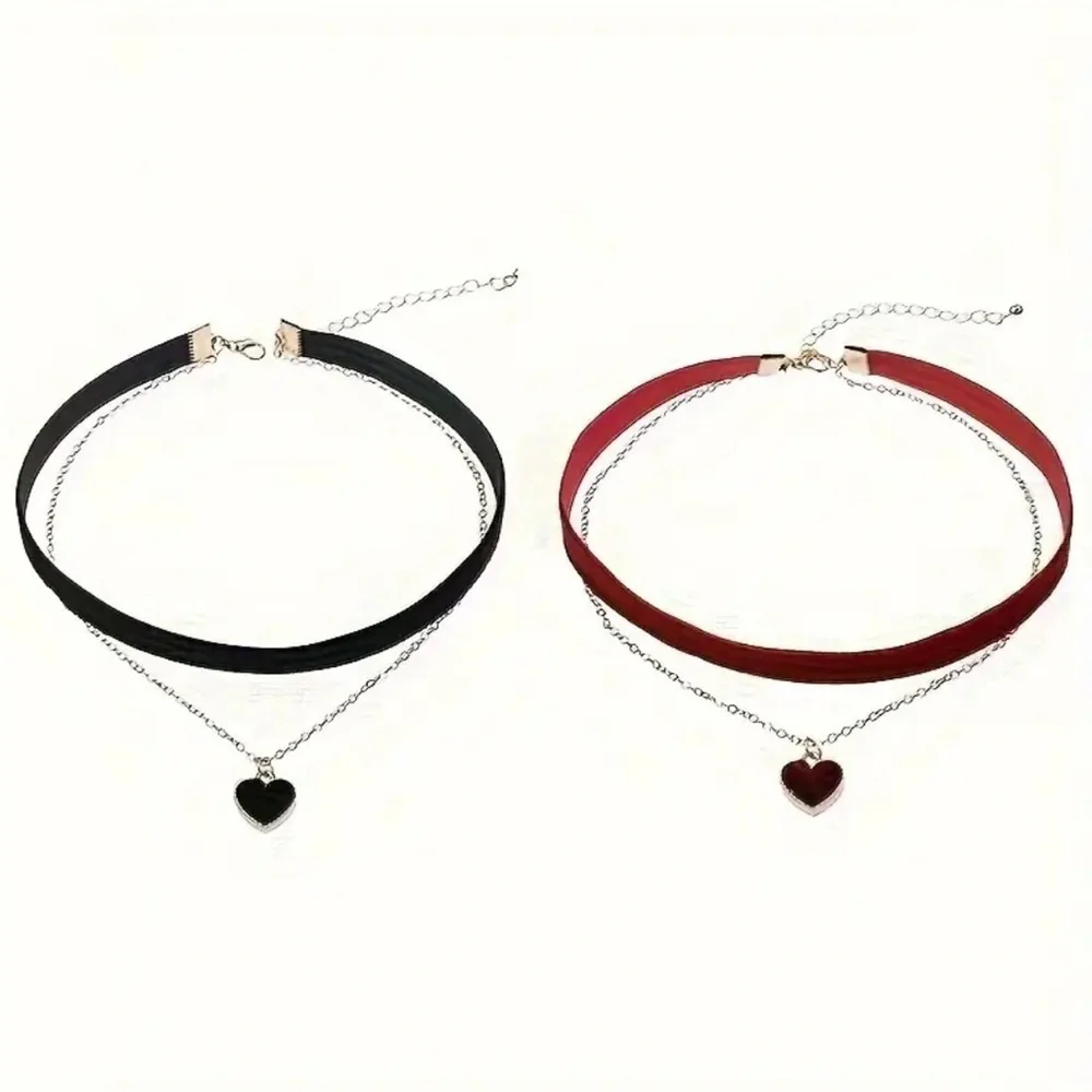 Elegant Heart Pendant Choker Necklace Set. 2 pcs red & black Necklace ❤️